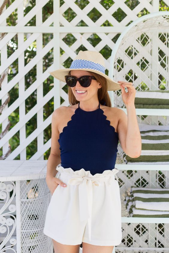 Dark Blue And Navy Top, Halter Top Outfits Ideas With White Culotte, Summer Hat: Summer Short,  WAISTED SHORTS,  Boxer shorts  