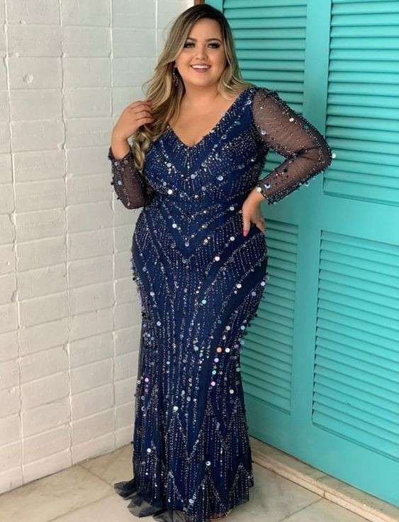 Sequin Clothing Ideas With Dark Blue And Navy Evening Dress Maxi Knitted Dress, Vestido De Festa Azul Marinho Com Manga: 