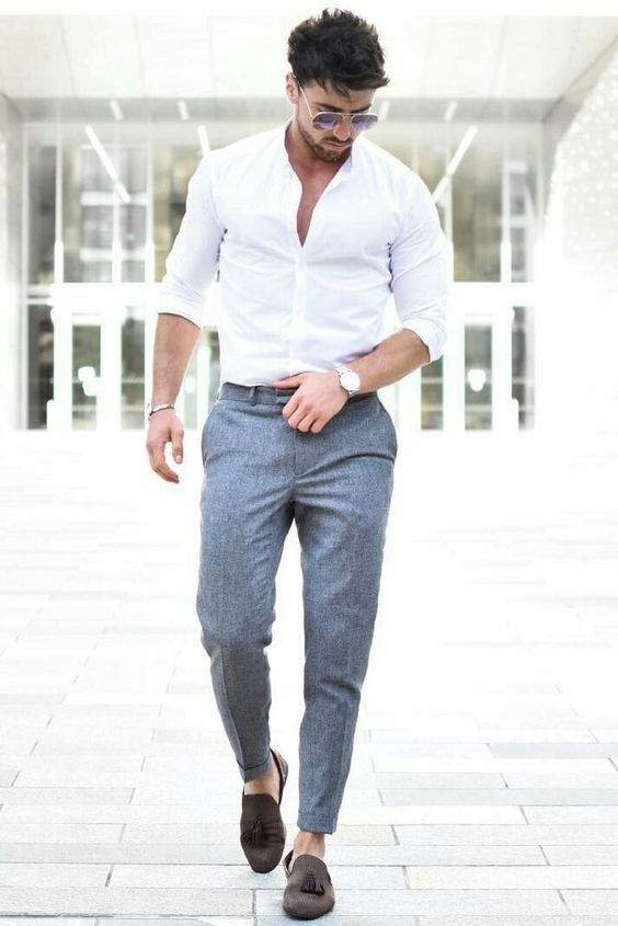Grey Formal Trouser, Chinos Fashion Tips With White Shirt, Men Dress Style: 