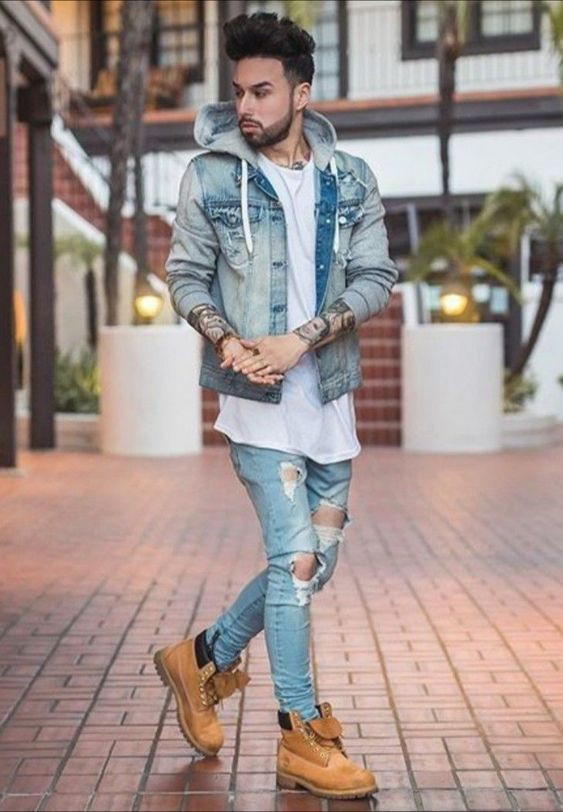 Light Blue Casual Jacket, Timberland Boot Outfits With Light Blue Jeans, Look Masculino Jaqueta Jeans Destroyed: 