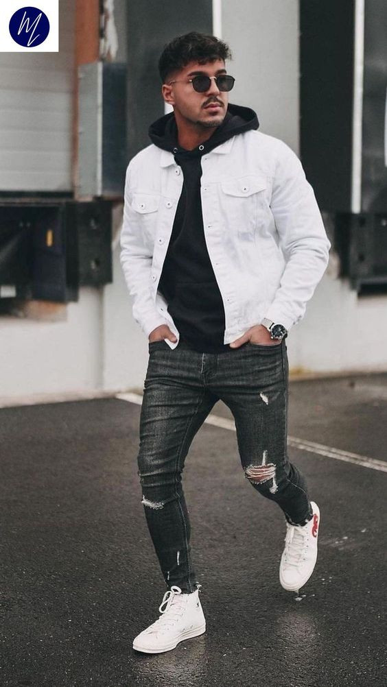 White Casual Jacket, Bomber Jacket Fashion Wear With Grey Jeans, Jeans: 