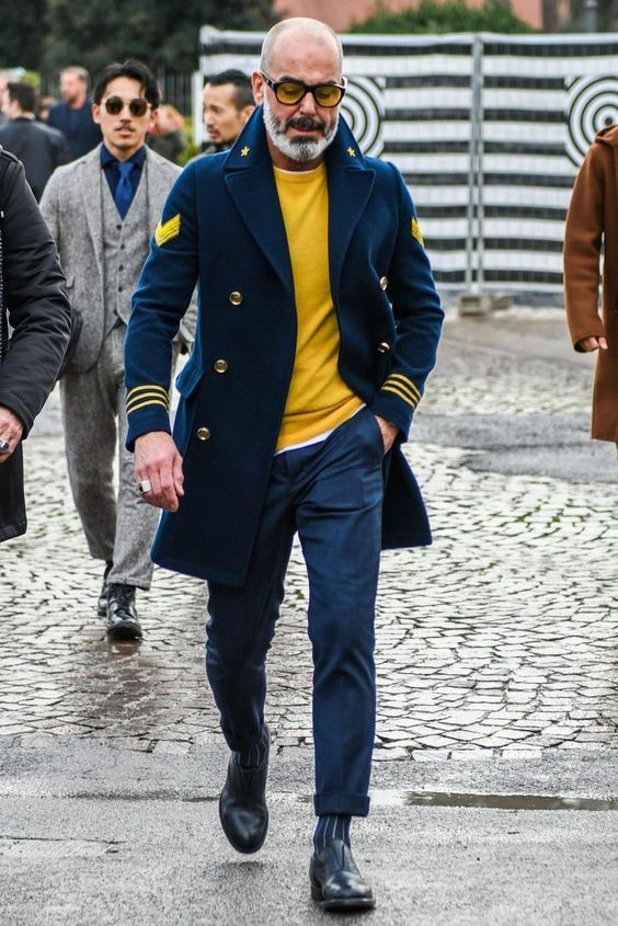 Dark Blue And Navy Peacoat, Pea Coat Clothing Ideas With Dark Blue And Navy Jeans, Yellow Sweater Outfit Men: 
