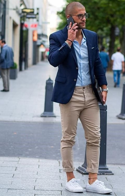 Dark Blue And Navy Suit Jackets Tuxedo, Men's Attires Ideas With Beige Suit Trouser, Men's Khaki Pants Outfit: 