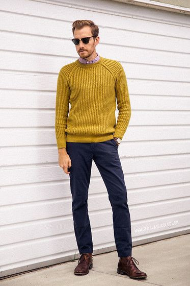 Yellow Sweater, Mustard Sweater Clothing Ideas With Dark Blue And Navy Suit Trouser, Jeans: 