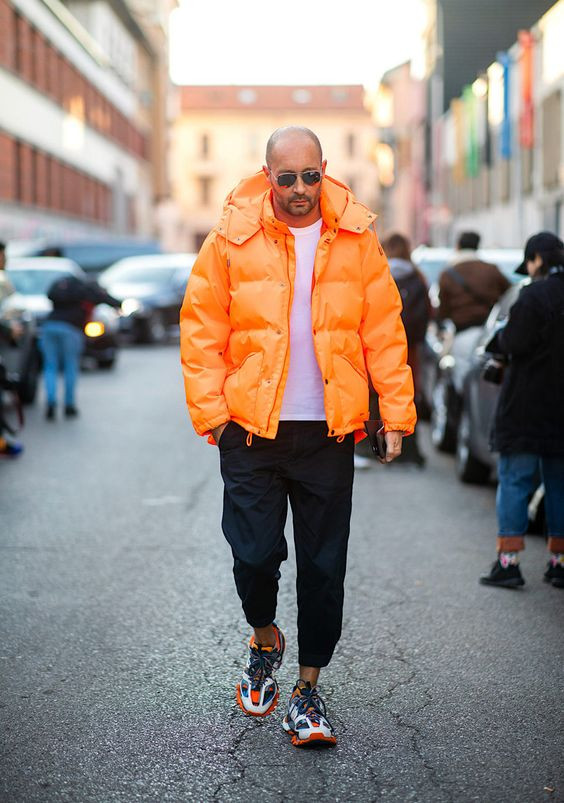 Orange Puffer Jacket, Winter Outfits Ideas With Black Jeans, Street: 