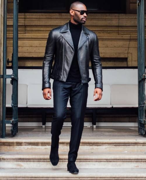 Black Biker Jacket, Men's Fashion Ideas With Black Formal Trouser, Men's Turtleneck Leather Jacket: 