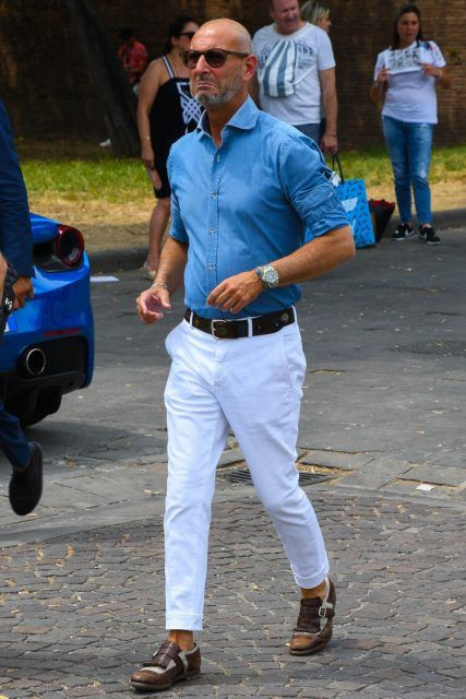 Light Blue T-shirt, Semi Formal Fashion Ideas With White Jeans: 