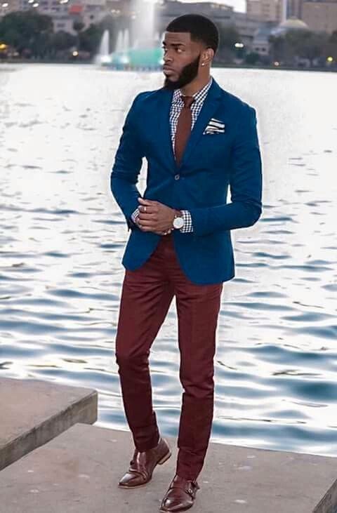 Dark Blue And Navy Suit Jackets Tuxedo, Convocation Attires Ideas With Red Suit Trouser, Blue Blazer Burgundy Pants: 