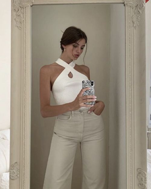 White Top, Halter Top Wardrobe Ideas With Beige Jeans, Cross Wrap Halter Top: 