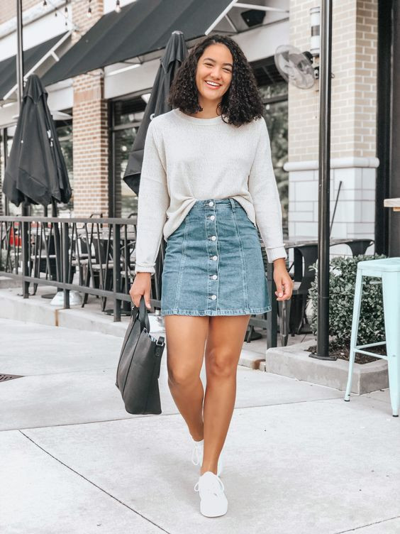 Light Blue Pencil And Straight, Suede Skirt Wardrobe Ideas With White Sweater, Girl Denim Skirt White Sweater: 