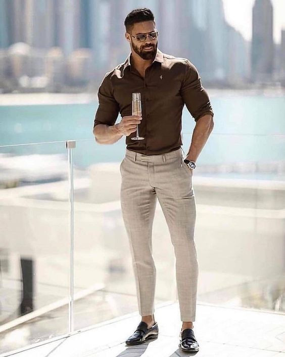 Beige Casual Trouser, Chinos Ideas With Brown Shirt, Formal Dress Combination For Men: 