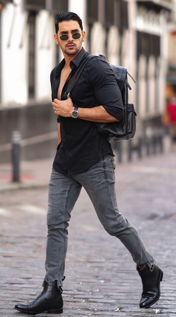 Black Vest, Stylish Boots Outfits With Grey Casual Trouser, Magno Scavo Boots: 