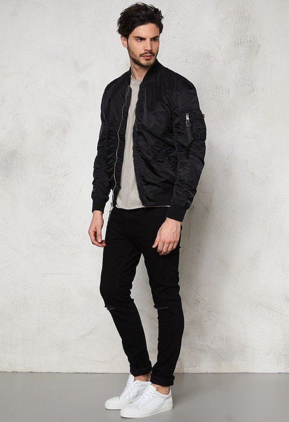 Black Bomber Jacket, Bomber Jacket Fashion Outfits With Black Suit Trouser: 