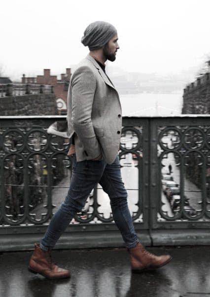 Grey Suit Jackets And Tuxedo, Beanie Outfits Ideas With Grey Leather Trouser, Blazer With Beanie: 