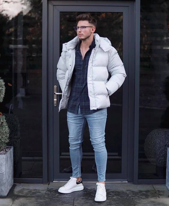 Grey Puffer Jacket, Winter Fashion Ideas With Light Blue Casual Trouser ...