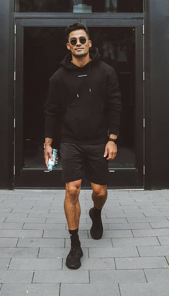 Black Hoody, Men's Clothing Ideas With Black Casual Shorts, All Black Fit: 