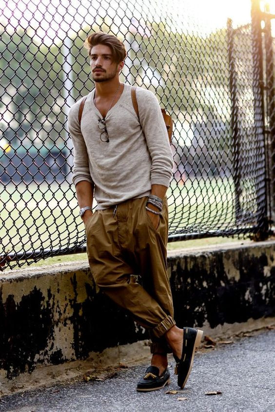 Beige Polo-shirt, Boho Fashion Ideas With Brown Casual Pant, Bohemian Style Men Simple: 