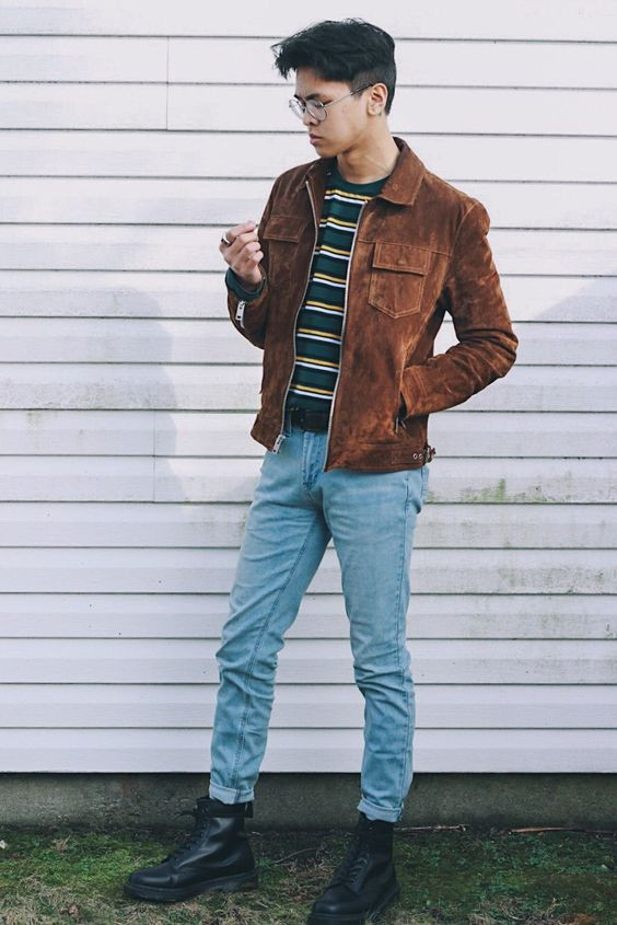 Brown Harrington Jacket, Dr. Martens Clothing Ideas With Light Blue Jeans, Doc Martens Outfit Men Casual: 