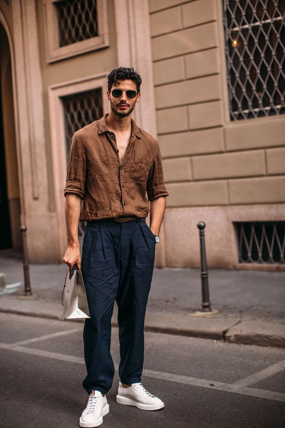 Brown Shirt, Aesthetic Fashion Trends With Black Sweat Pant, Men Style 2022: 