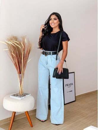Light Blue Jeans, Culottes Outfits With Black T-shirt, Jeans: 