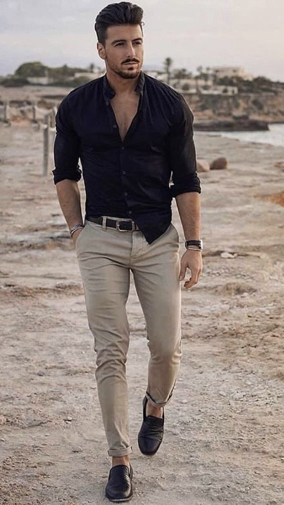 Beige Jeans, Chinos Fashion Outfits With Black Denim Shirt, Good Physique In Shirt: 