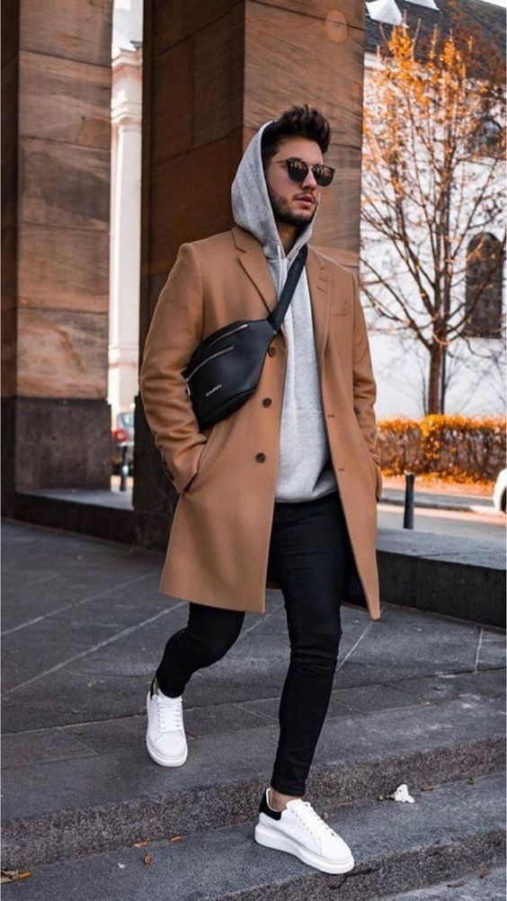 Beige Wool Coat, Pea Coat Fashion Tips With Black Legging, Hoodie With Overcoat: 