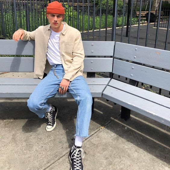 Beige Denim Shirt, Beanie Fashion Tips With Light Blue Casual Trouser, 90s Aesthetic Men's Outfits: 