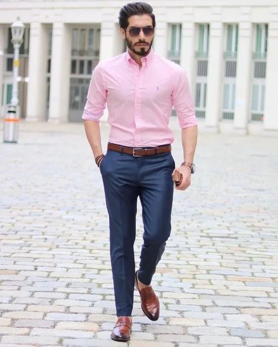 Pink Shirt, Semi Formal Fashion Wear With Dark Blue And Navy Formal Trouser, Formal Dress Pink For Men: 