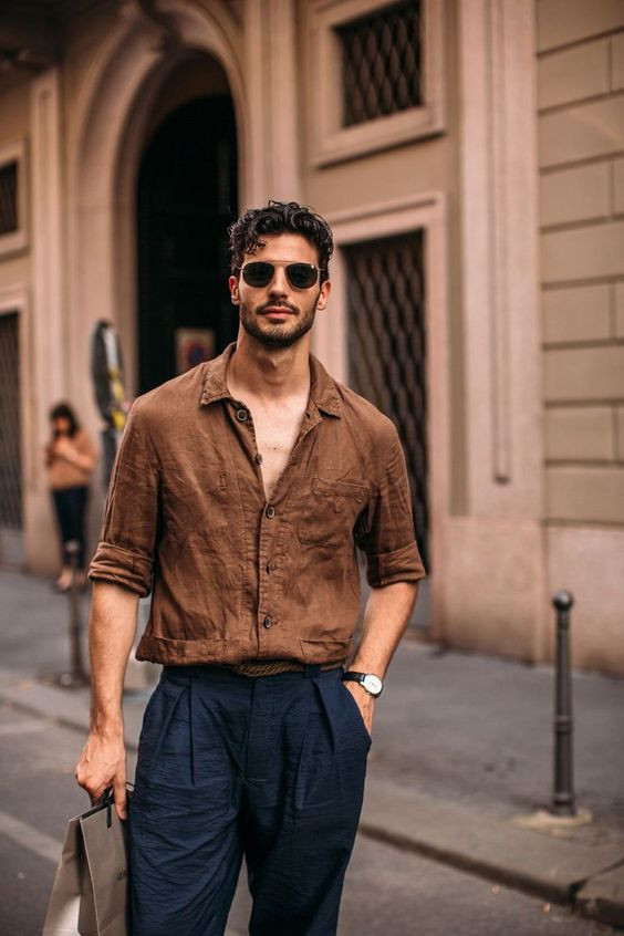 Brown Shirt, Aesthetic Wardrobe Ideas With Dark Blue And Navy Jeans,  Vintage Outfit Men | Retro style, wedding dress, men's clothing, vintage  clothing