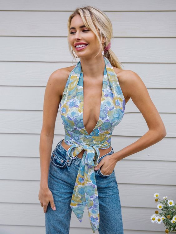 Blouse, Halter Top Outfit Designs With Denim Jeans, Shein Floral Halter Top: 