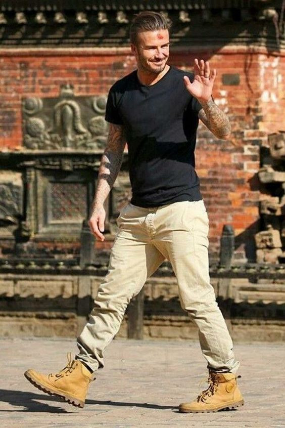 Black T-shirt, Timberland Boot Fashion Outfits With Beige Casual Trouser, David Beckham Palladium: 