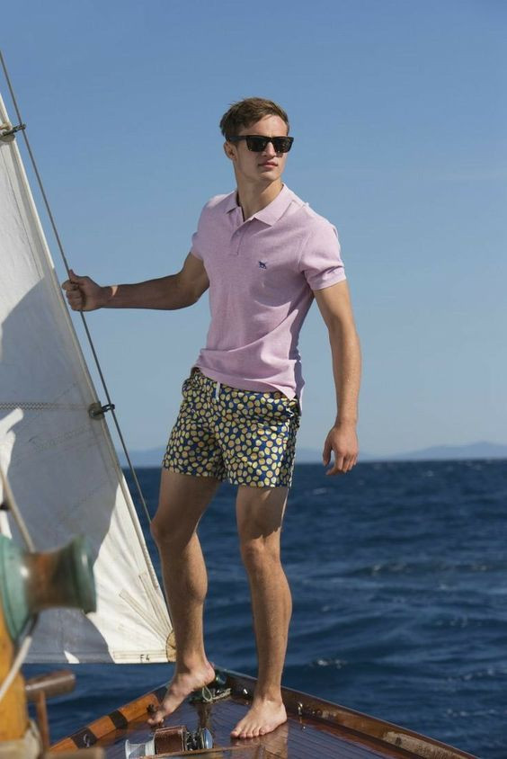 Purple And Violet Polo-shirt, Boating Clothing Ideas With Swim Short, Preppy Men's Summer Outfits: 