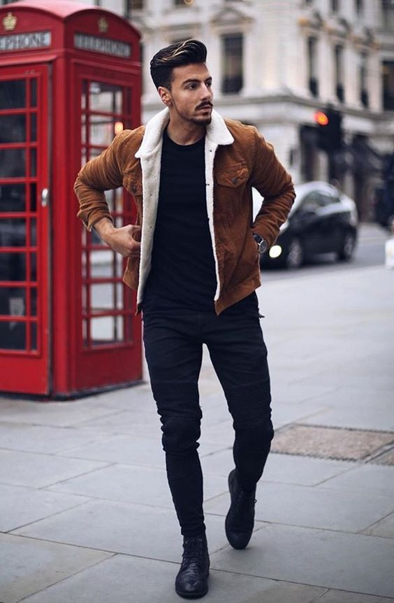 Brown Casual Jacket, Clubbing Clothing Ideas With Black Jeans, Corduroy Jacket Men's Outfit: 