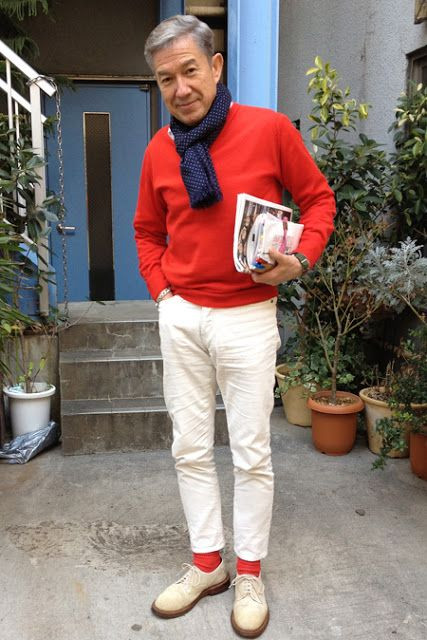 Red Sweatshirt, Over 50 Fashion Ideas With White Casual Trouser, Middle Aged Preppy Man: 
