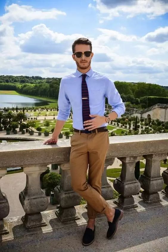 Dark Blue And Navy Denim Shirt, Convocation Fashion Outfits With Brown Casual Trouser, Gardens Of Versailles: 
