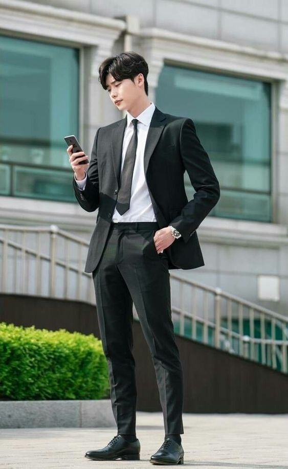 Black Suit Jackets And Tuxedo, Korean Wardrobe Ideas With Black Leather Trouser, Formal Korean Men Outfit: 