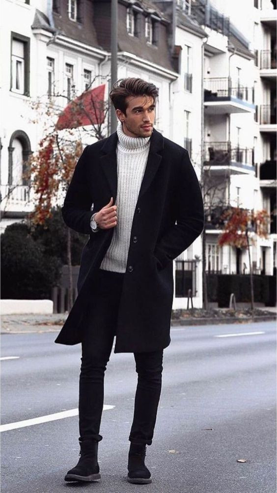 Black Winter Coat, Pea Coat Fashion Outfits With Black Casual Trouser, Winter Outfit Men: 