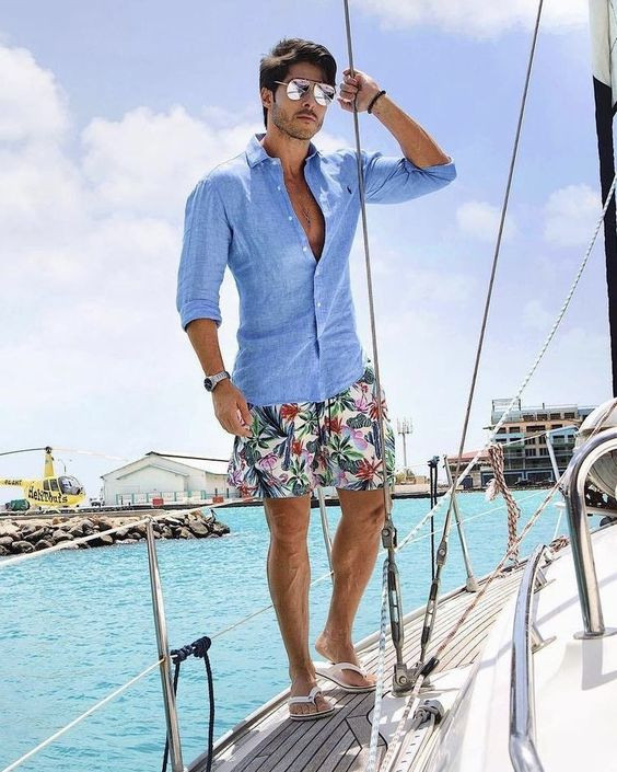 Light Blue Denim Shirt, Boating Outfit Trends With Short, μαγιο 2022 ανδρικα: 