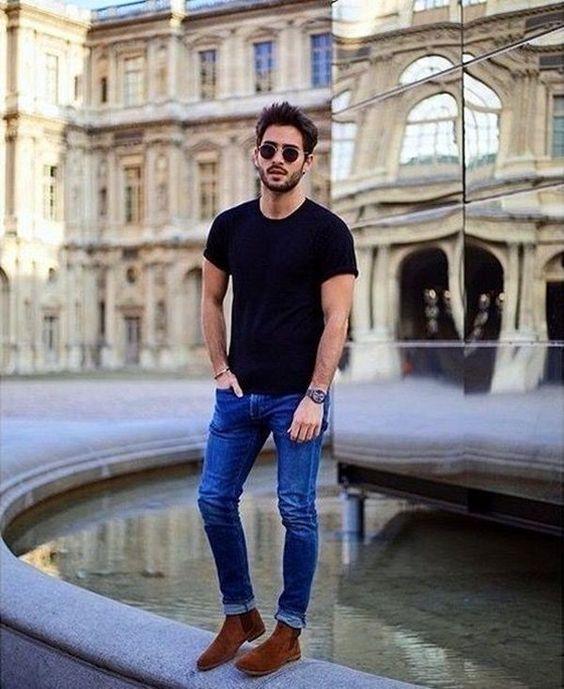 Black T-shirt, Clubbing Fashion Wear With Dark Blue And Navy Casual Trouser, Boots Outfit Men's: 