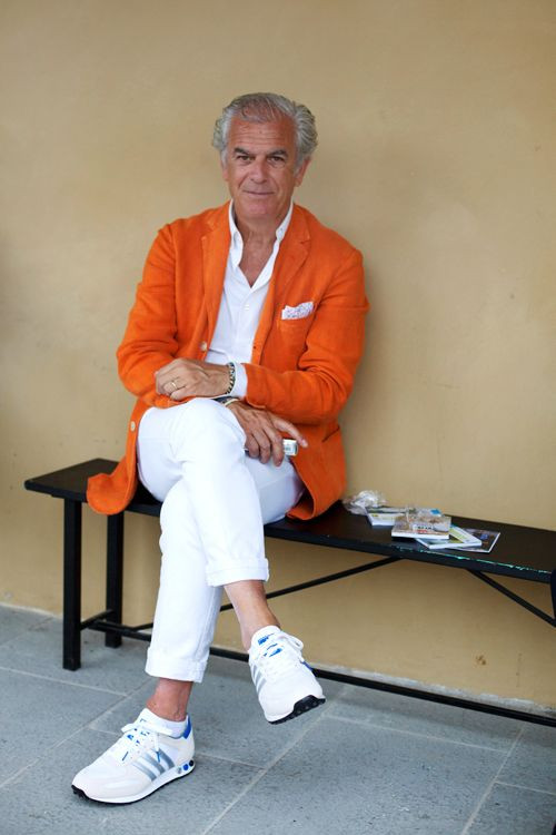 Orange Suit Jackets And Tuxedo, Over 50 Wardrobe Ideas With White Casual Trouser, Old Man Wearing White Shoes: 