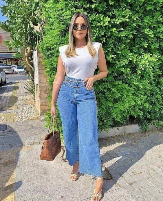 Light Blue Casual Trouser, Culottes Outfit Trends With White Crop Top, Denim Culottes Wide Leg: 