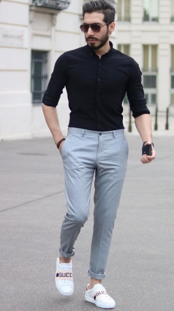 Grey Jeans, Chinos Clothing Ideas With Black Shirt, Semi Formal Dress For Men: 