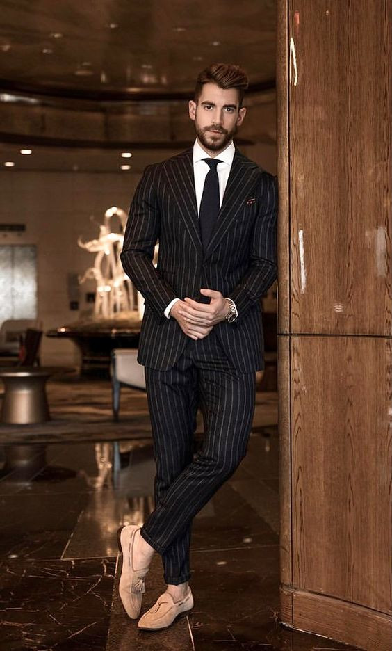 Black Suit Jackets And Tuxedo, Oxford Shoes Wardrobe Ideas With Black Casual Trouser, Black Pinstripe Suit Styles: 
