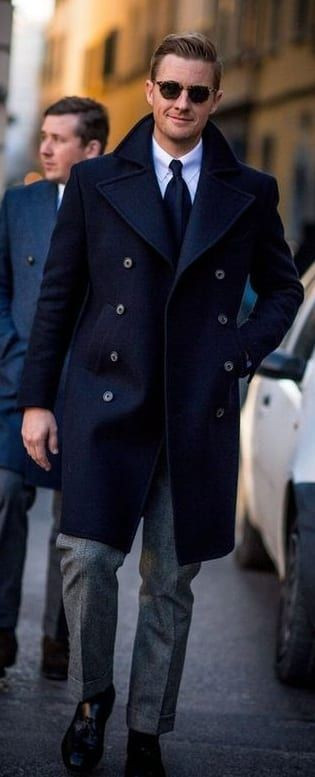 Dark Blue And Navy Wool Coat, Pea Coat Fashion Trends With Grey Casual Trouser, Navy Pea Coat Men: 