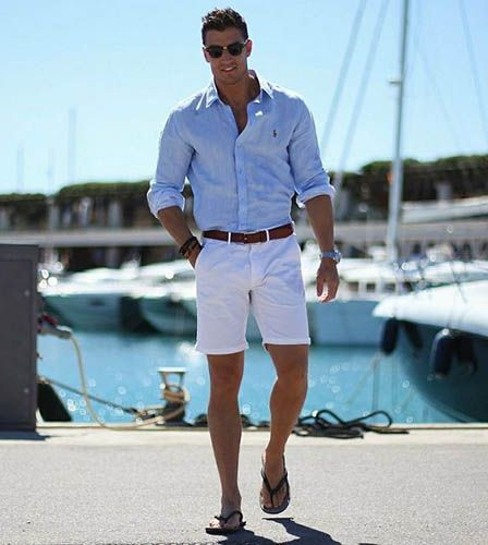 Light Blue Shirt, Boating Ideas With White Denim Short, Men's Cruise Attire: 