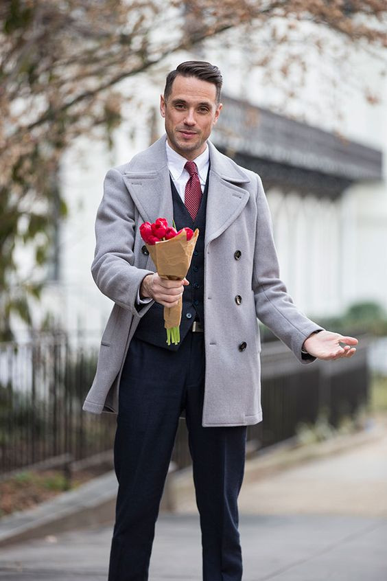 Grey Peacoat, Valentine's Day Ideas With Black Suit Trouser, Men's Valentines Day Outfit Ideas: 