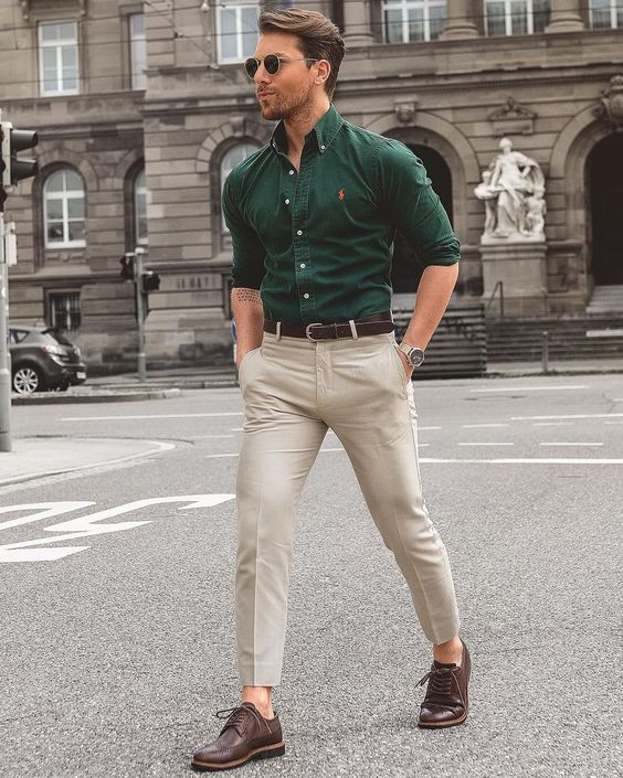 Green Denim Shirt, Semi Formal Wardrobe Ideas With Beige Jeans, Green Shirt Matching Pant: 