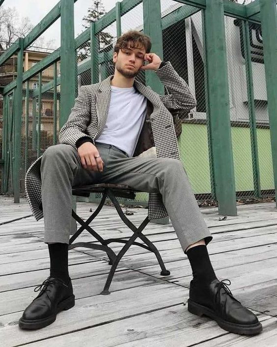 Beige Jackets And Coat, Dr. Martens Clothing Ideas With Grey Casual Trouser, Doc Martens 1461 Men's: 