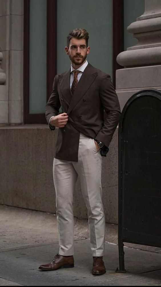 Brown Suit Jackets And Tuxedo, Oxford Shoes Fashion Wear With Beige Jeans, Men's Dress Pants: 