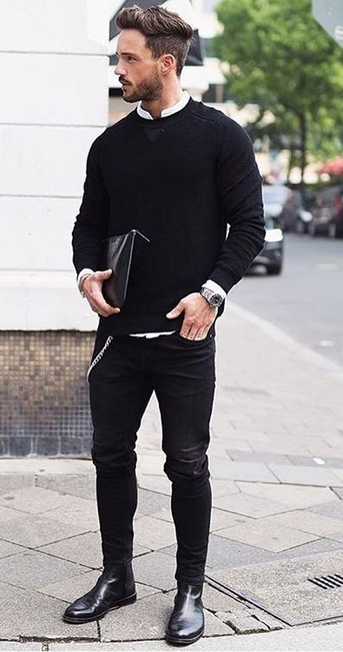 Black Sweater, Boots Fashion Tips With Black Jeans, Black Sweater Outfit Men: 